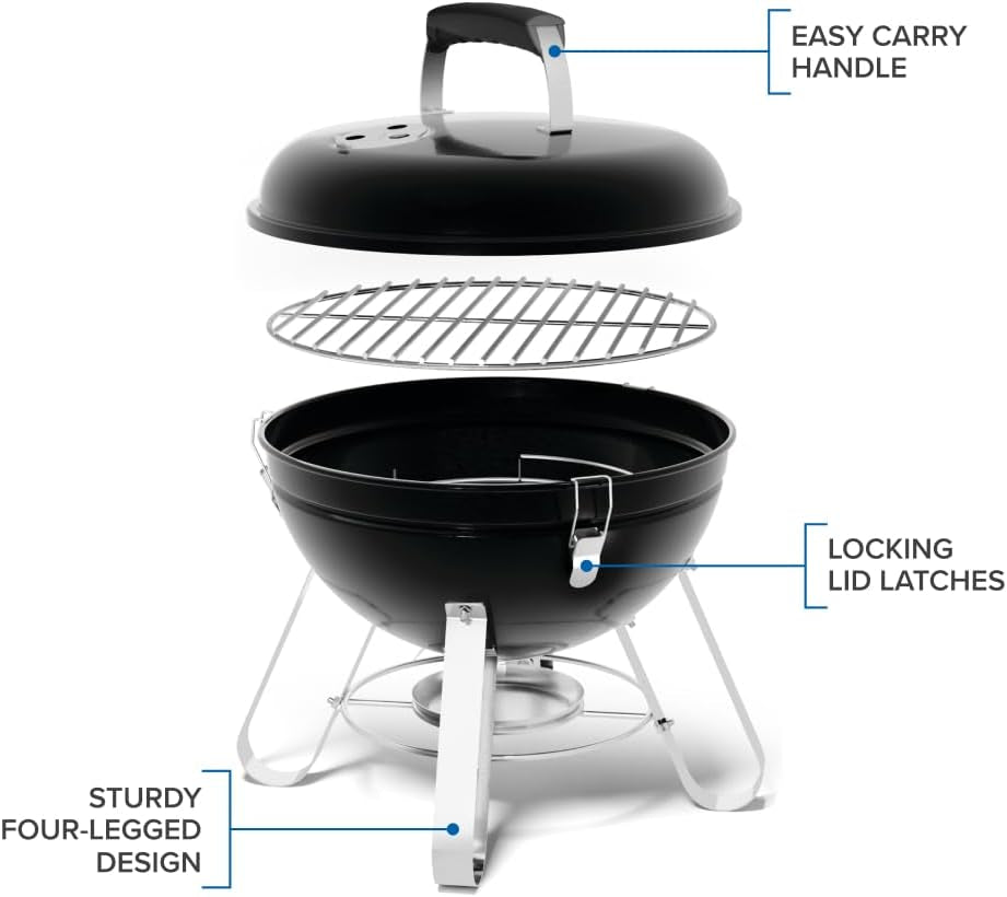 14-Inch Portable Charcoal Kettle Grill - NK14K-LEG-3 - Black, Portable, 150In² Cooking Area, Sturdy 4-Leg Design