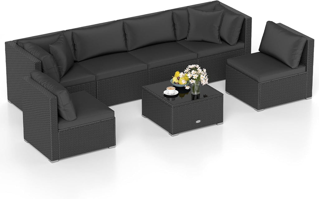 7 Pieces Wicker Patio Furniture Set, Outdoor Sectional Rattan Sofa Set for 6 with Seat & Back Cushions, Pillows, Coffee Table, Modular Conversation Set for Backyard, Poolside, Deck & Garden