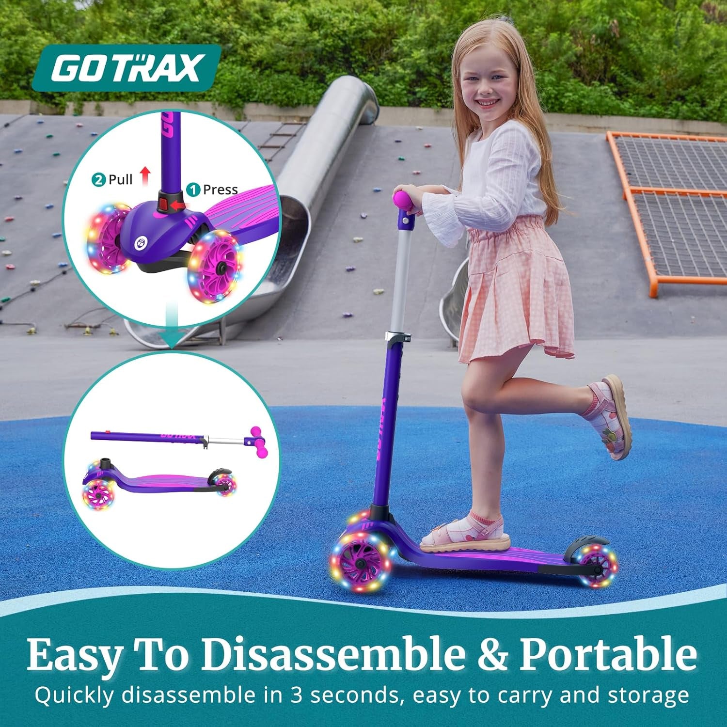 KS1 Kids Kick Scooter, LED Lighted Wheels and 3 Adjustable Height Handlebars, Lean-To-Steer & Widen Anti-Slip Deck, 3 Wheel Scooter for Boys & Girls Ages 3+ and up to 100 Lbs