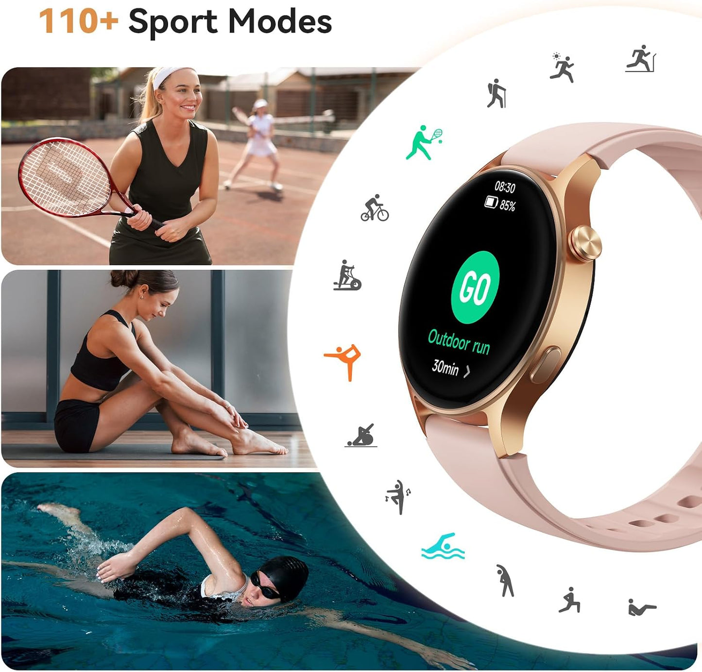 Smart Watch for Women, AMOLED Ultra-Clear Screen Activity Trackers with Heart Rate/Sleep/Spo2 Monitor, Waterproof Fitness Smartwatch for Iphone/Samsung/Android（Pink Gold）
