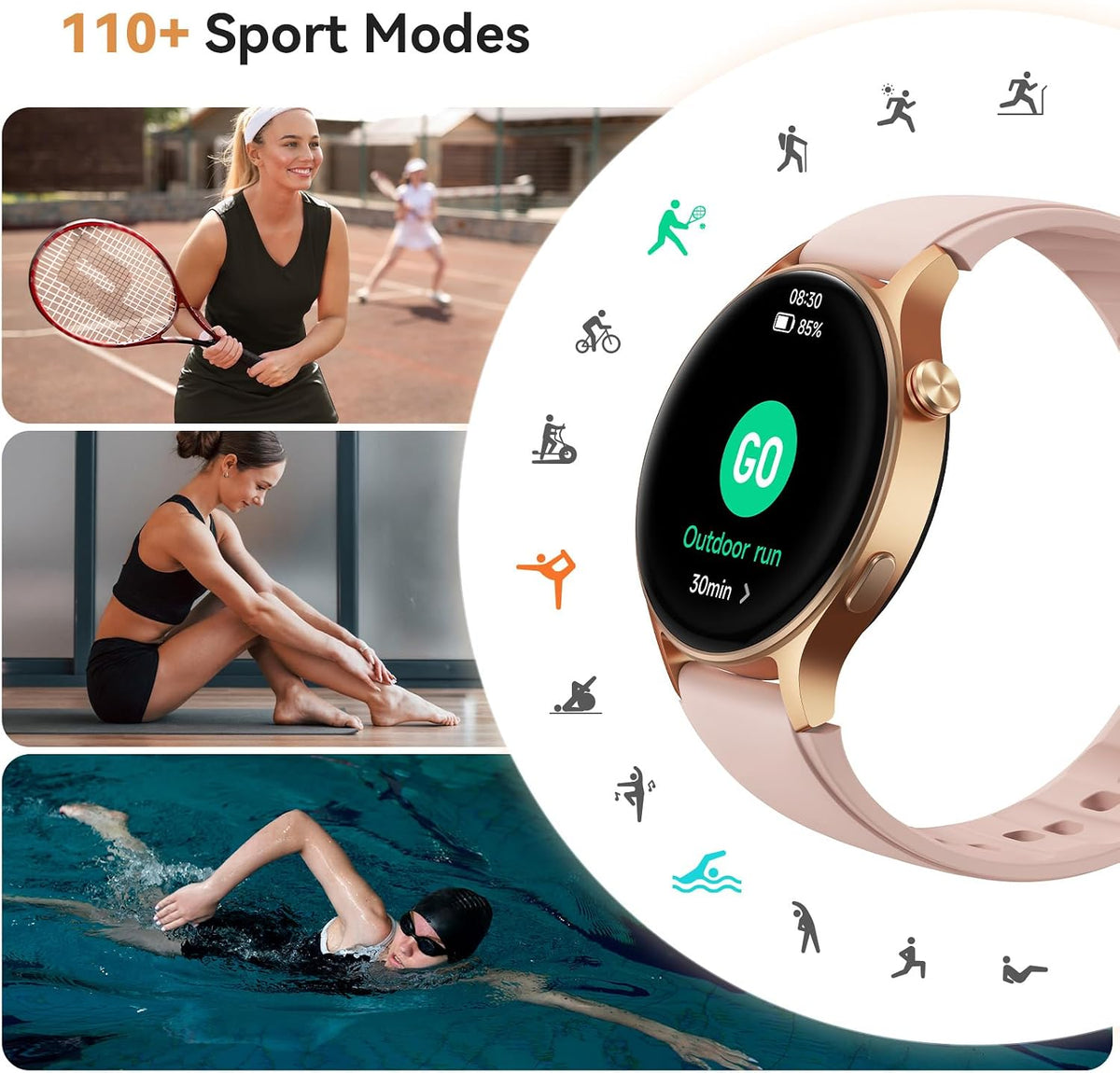 Smart Watch for Women, AMOLED Ultra-Clear Screen Activity Trackers with Heart Rate/Sleep/Spo2 Monitor, Waterproof Fitness Smartwatch for Iphone/Samsung/Android（Pink Gold）