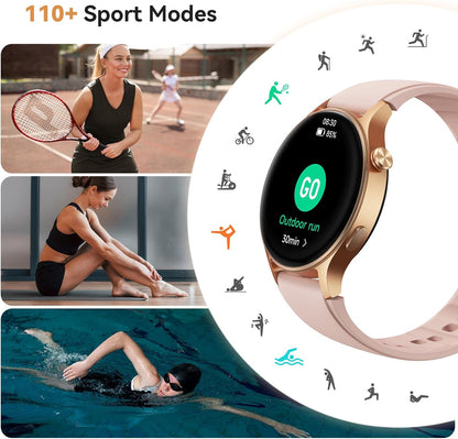 Smart Watch for Women, AMOLED Ultra-Clear Screen Activity Trackers with Heart Rate/Sleep/Spo2 Monitor, Waterproof Fitness Smartwatch for Iphone/Samsung/Android（Pink Gold）