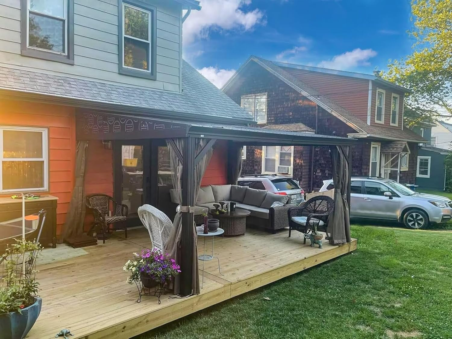 10' X 12' Hardtop Gazebo with Aluminum Frame, Wall Mounted Gazebo Galvanized Steel Roof Sloping Pergola with Curtains and Netting for Patio Deck Backyard Lawn Party