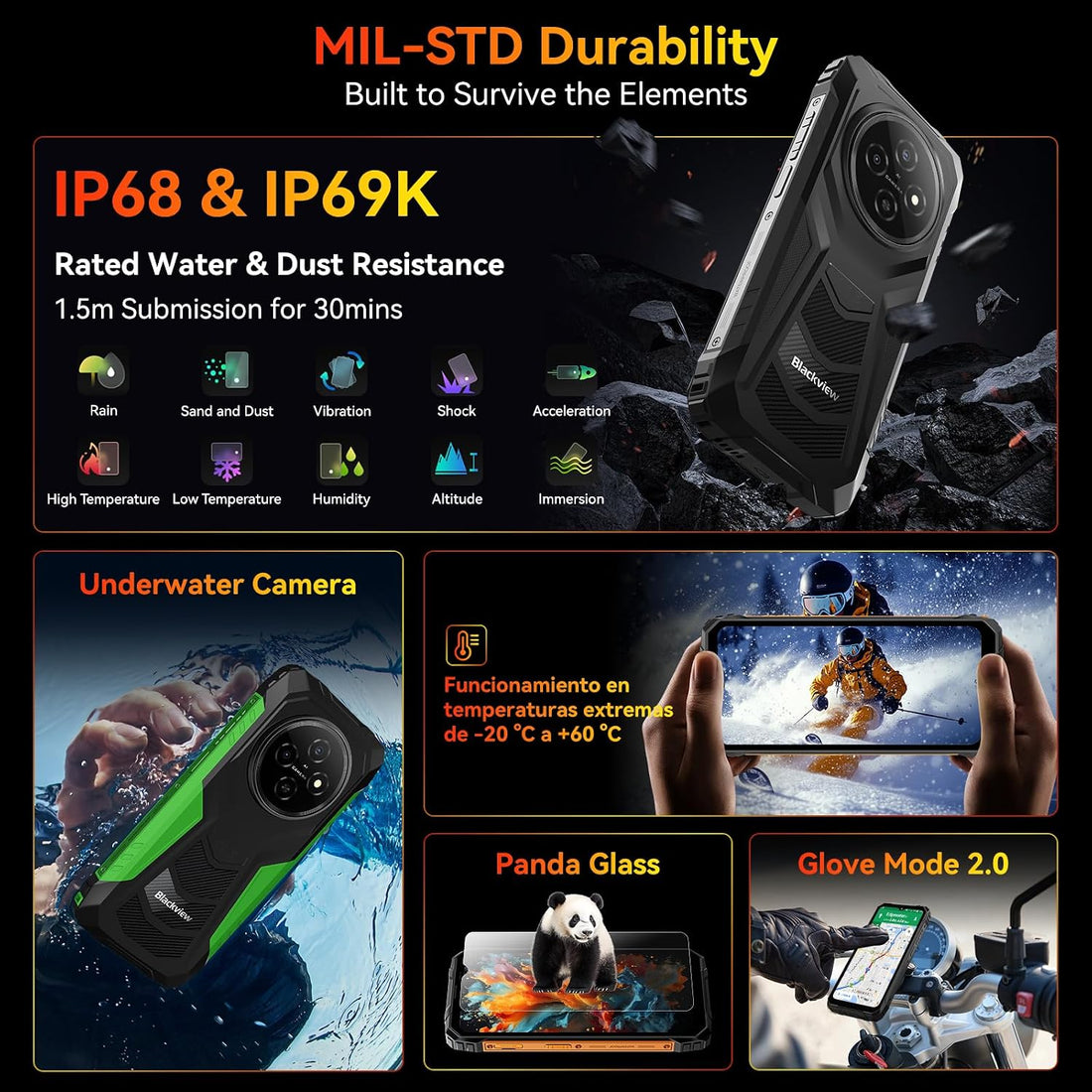 Rugged Phone Android 16, 10000Mah Battery 12GB+128GB/2TB Expand Gemini AI 6.56 Inch 90Hz 4G T-Mobile Dual SIM IP69K Waterproof Rugged Smartphone Unlocked Fingerprint/Nfc/Otg/Gps