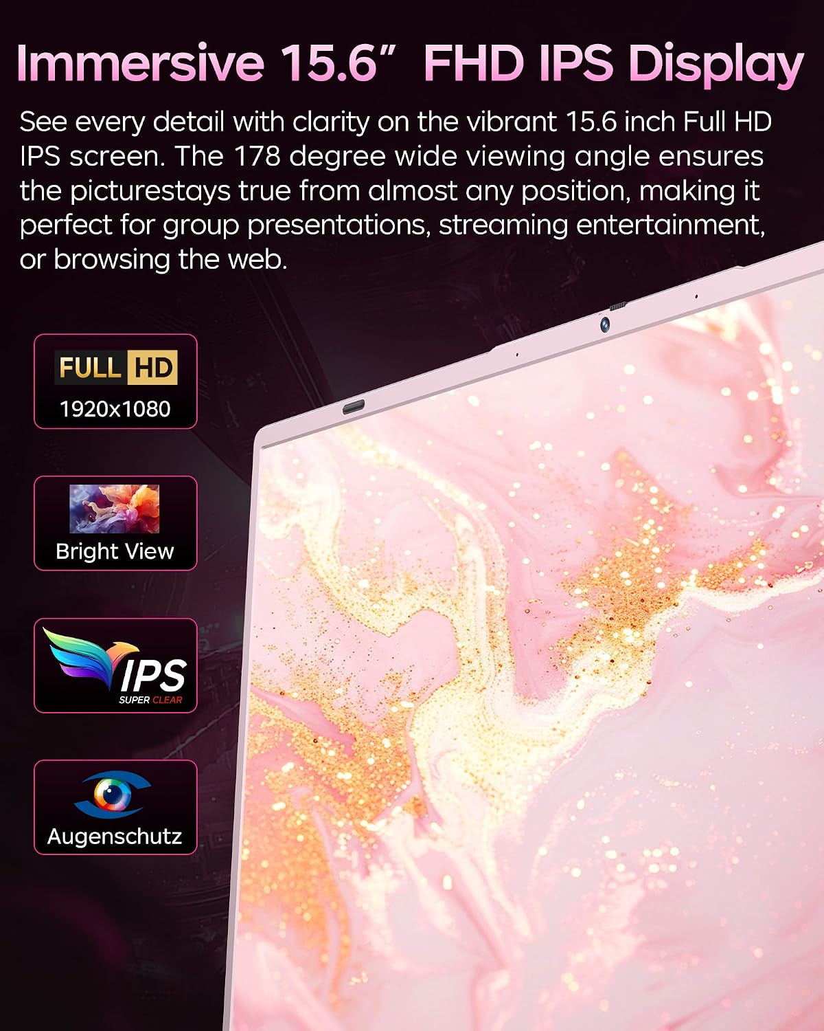 Pink Laptop 15.6 Inch, 12GB RAM 256GB SSD, Pentium 6500Y up to 3.4Ghz, 1080P FHD IPS Screen, USB C, USB 3.2, HDMI, Wifi5, BT5.2, Computer Laptops for Student, Business, Home