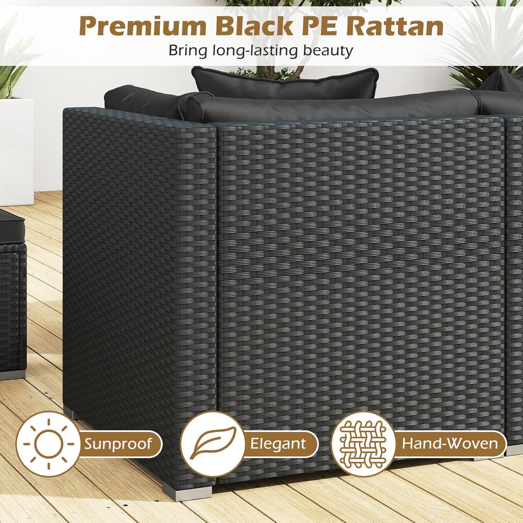 7 Pieces Wicker Patio Furniture Set, Outdoor Sectional Rattan Sofa Set for 6 with Seat & Back Cushions, Pillows, Coffee Table, Modular Conversation Set for Backyard, Poolside, Deck & Garden