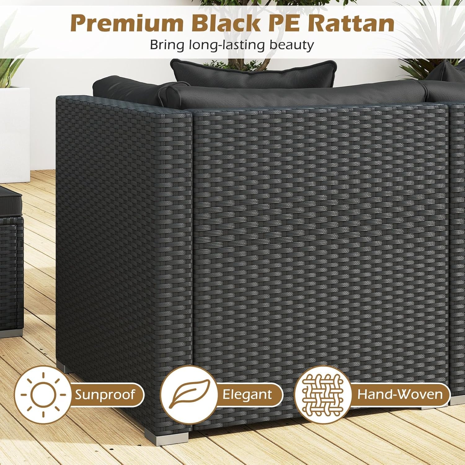 7 Pieces Wicker Patio Furniture Set, Outdoor Sectional Rattan Sofa Set for 6 with Seat & Back Cushions, Pillows, Coffee Table, Modular Conversation Set for Backyard, Poolside, Deck & Garden