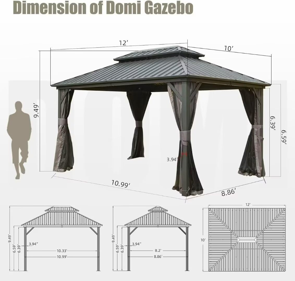 Domi 10' X 12' Hardtop Gazebo Canopy with Netting & Curtains, Outdoor Aluminum Gazebo with Galvanized Steel Double Roof for Patio Lawn and Garden, Gray