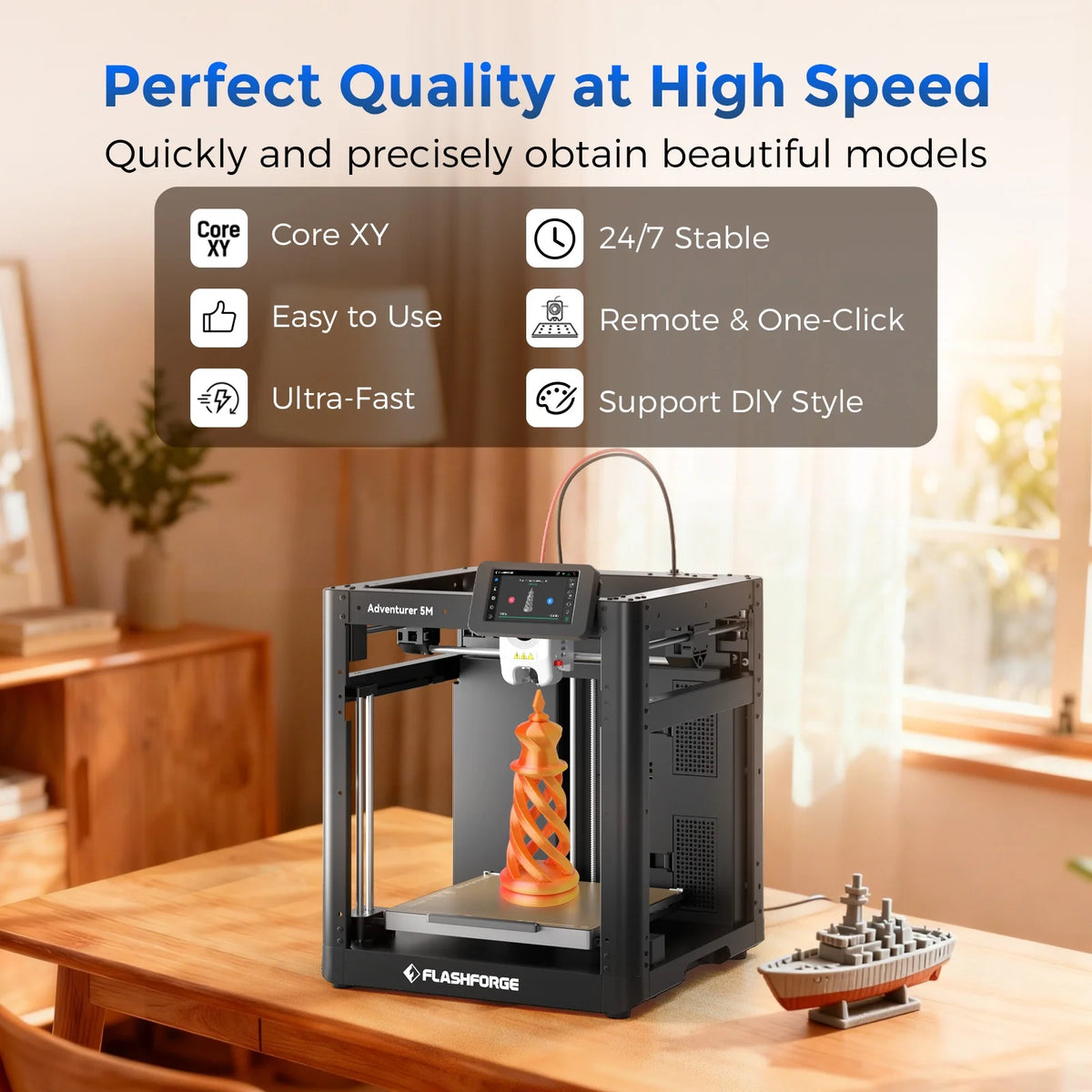 Adventurer 5M 3D Printer, Fully Auto Leveling &amp; 600Mm/S High Speed Printing, Black