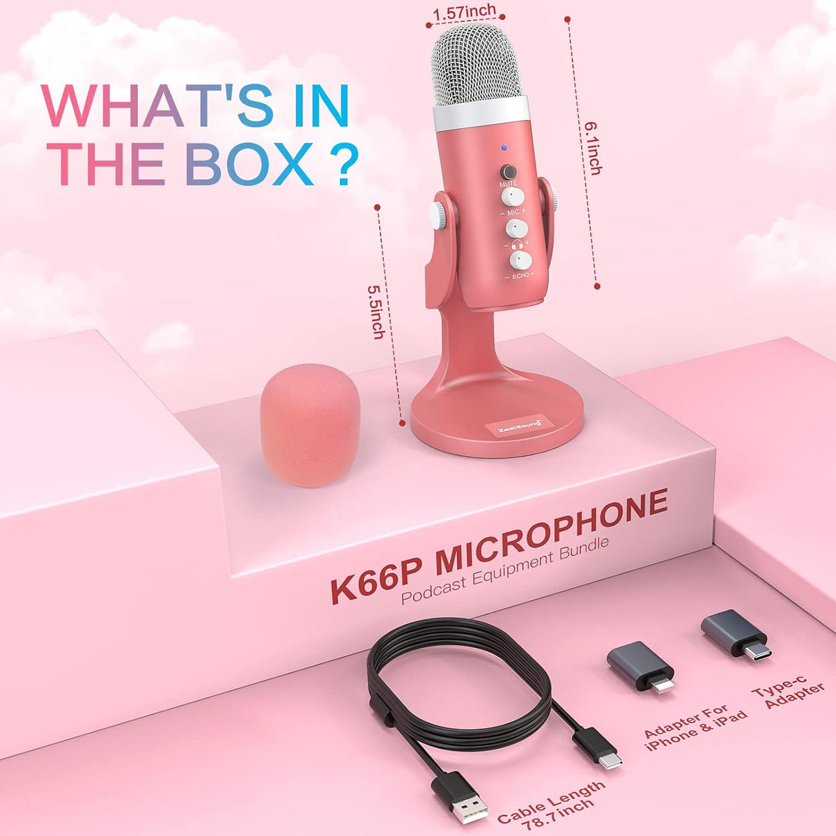 Podcast Microphone for Iphone PC &amp; Mac, Noise Cancellation USB Mic with Volume, Mute &amp; Echo Control, Zero-Latency Monitoring, for ASMR, Podcasting, Vocal Recording &amp; Voice-Over - K66 Pink