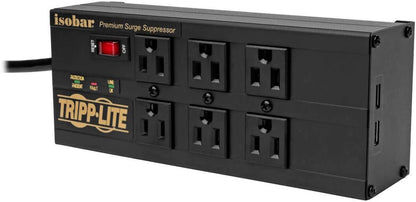 Isobar 6 Outlet Surge Protector Power Strip with 2 USB Charging Ports,10Ft Long Cord, Right-Angle Plug, Metal, 3840 Joules,Lifetime Limited Warranty &amp; $50K Insurance (Ibar6Ultrausbb)Black