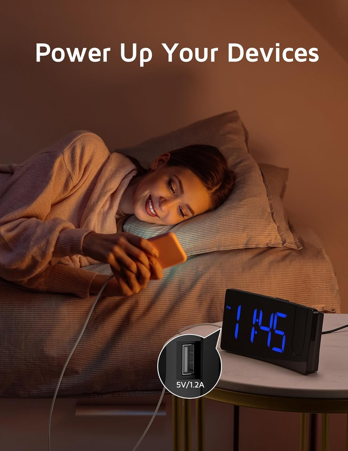 Projection Alarm Clock, Digital Clock with Modern Curved Design 180° Rotatable Projector, 3-Level Brightness Dimmer, Clear Blue LED Display, Progressive Volume, 9Mins Snooze,12/24H, for Bedroom