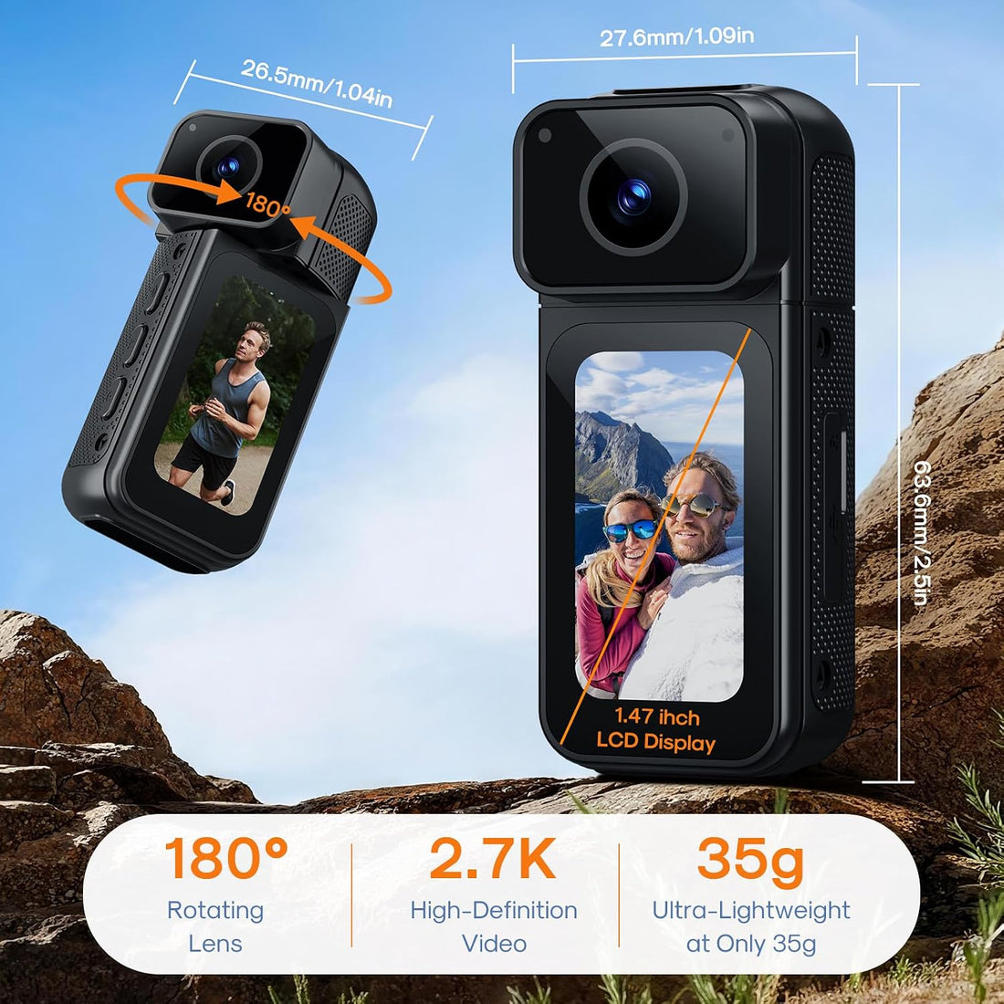 Mini Body Camera 128G with 1.47Inch LCD Screen, 2.7K Thumb Size Action Body Cam with Audio&amp;Video Thumb Hands Free POV Recording, Mount Free, Magnetic Sport DV for Bike Cycling Vlogging Pet Walk Swim | with Audio&amp;Video Thumb Hands Free POV Recording, Mount Free, Magnetic Sport DV for Daily Bike Cycling Vlogging Pet Walk Swim