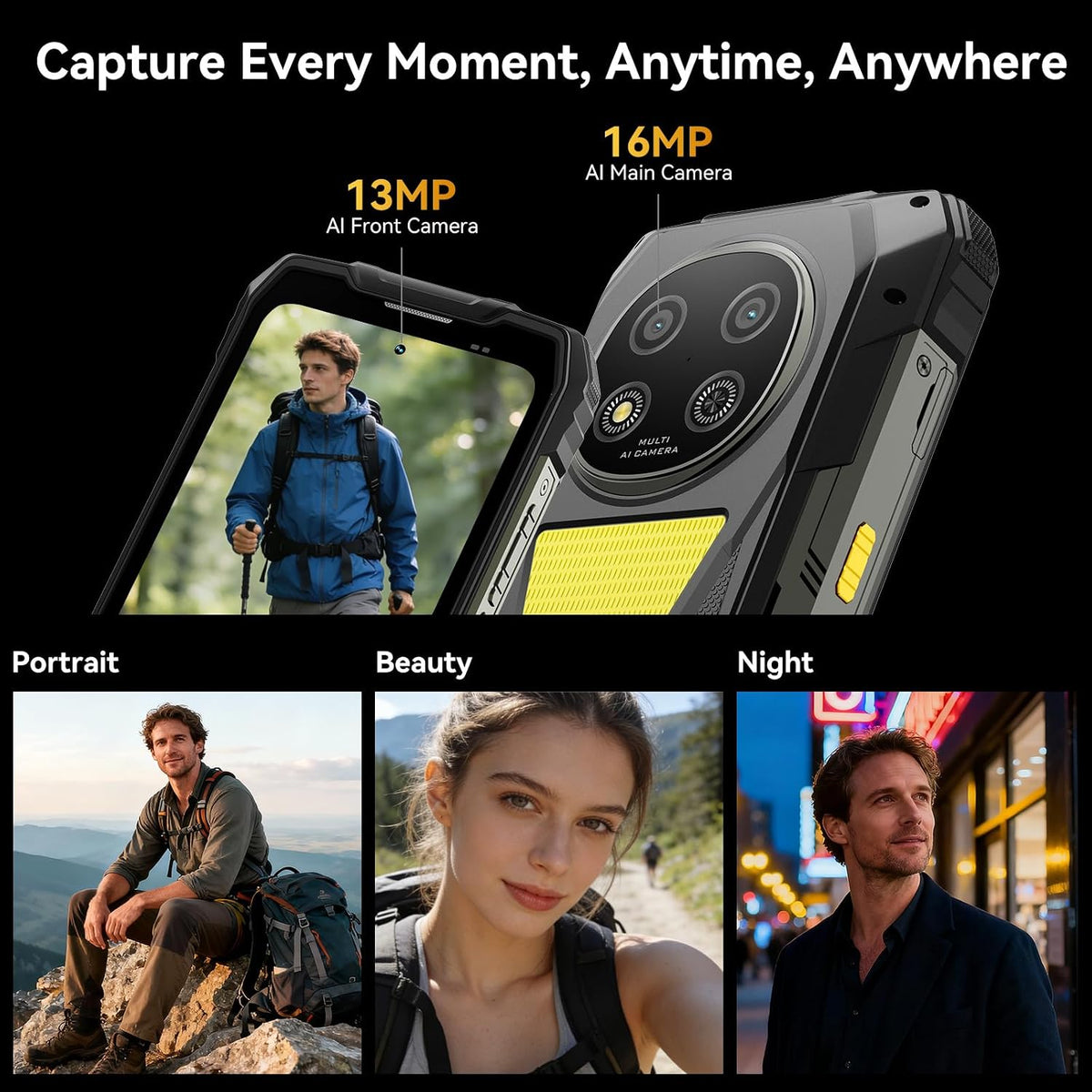Rock 2 Pro 5G Rugged Phone Android 16, 15000Mah/33W Dual 400LM Camping Light, 32GB+256GB/2TB Rugged Smartphone Unlocked Gemini AI, 16MP+13MP 6.67" 2.4K 120Hz Glove Mode/Nfc