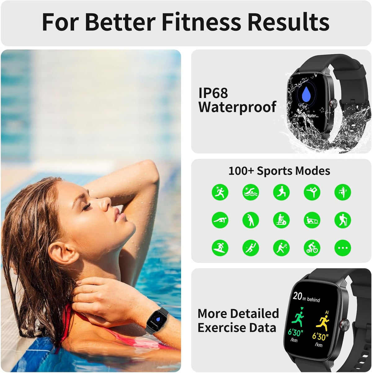 Smart Watches for Men Women, with Bluetooth Calling, 1.85" Screen DIY Dial Smartwatch for Android Iphone. 100+ Sports Modes, Heart Rate Sleep Monitor, AI Built-In Fitness Tracker, IP68 Waterproof