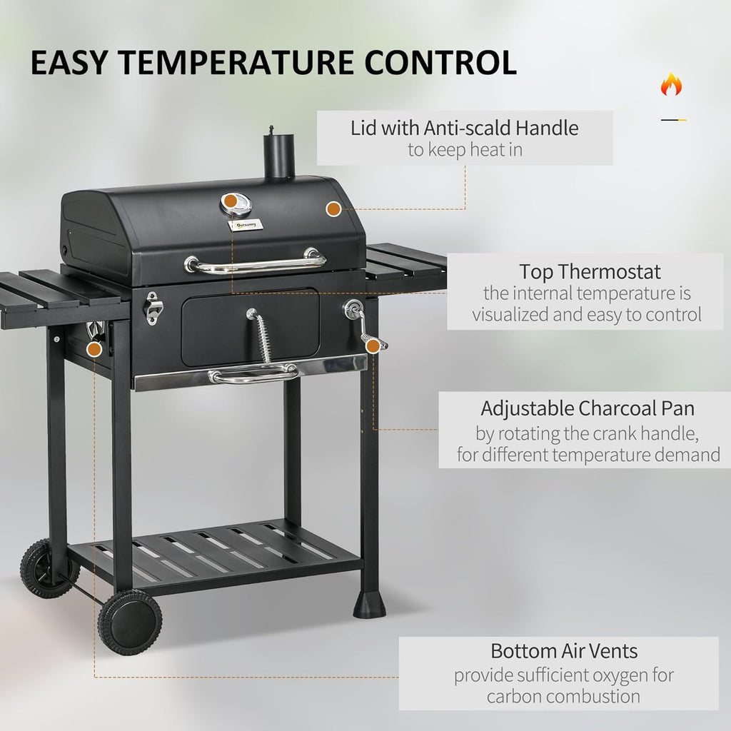 Charcoal BBQ Grill Trolley with Adjustable Charcoal Pan, Barbecue Grill Smoker with Storage Shelves, Lid, Thermometer, Bottle Opener and Wheels, Galvanised Steel