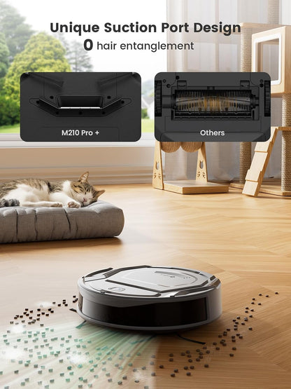 M210 Pro+ Robot Vacuum Cleaner, 6000Pa Suction, 200 Mins Runtime, Precisense Obstacle Avoidance, Self-Charging, Slim &amp; Quiet, Wifi/App/Alexa, Pet Hair &amp; Hard Floors, Grey