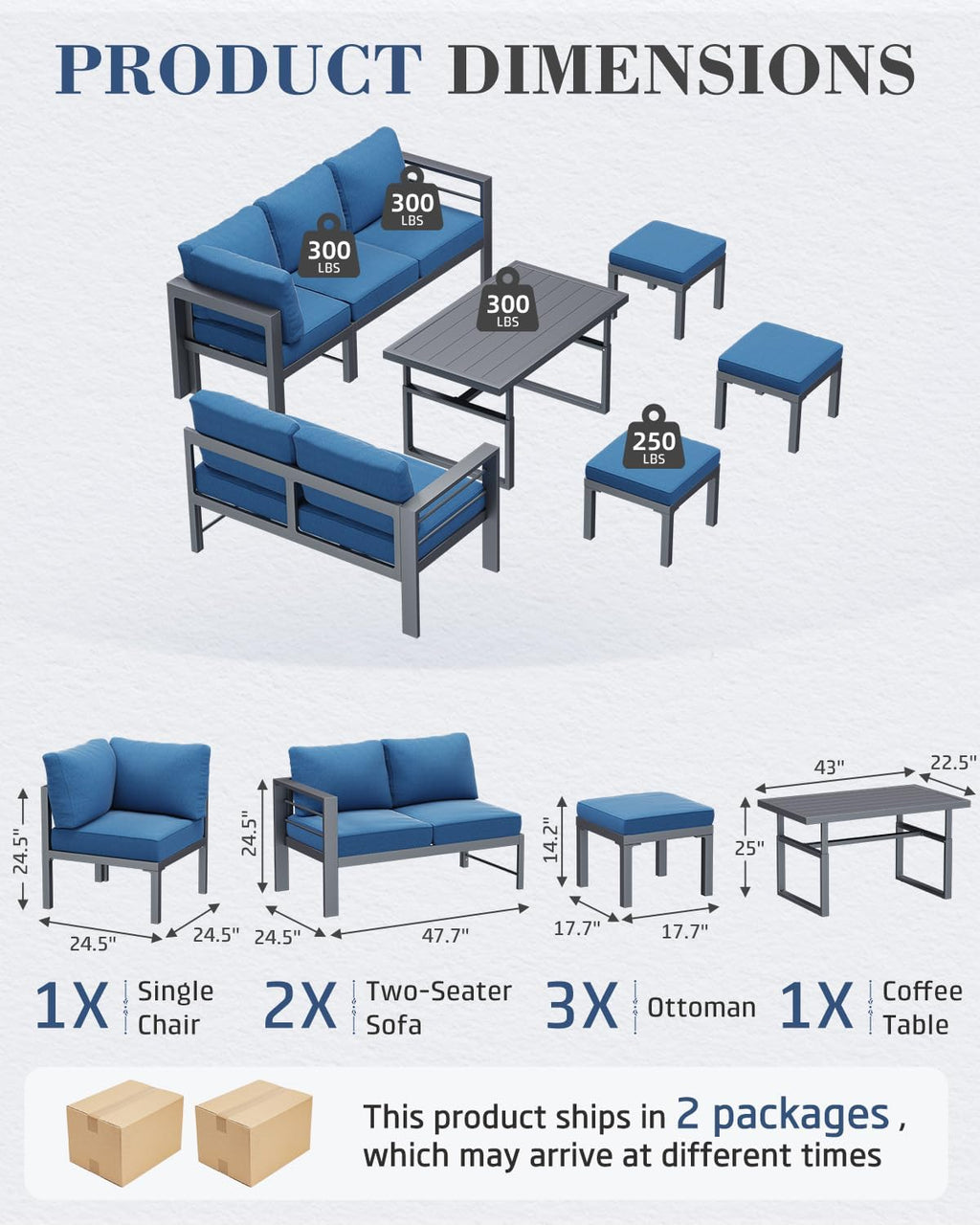 Aluminum Patio Furniture Set, Modern Outdoor Conversation Table and Chair Sets with Blue Cushions for Lawn, Backyard, and Deck