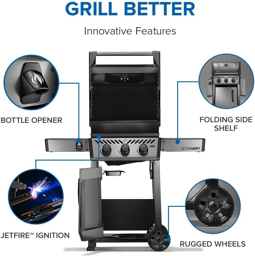 Freestyle 365 Propane Gas BBQ Grill - F365DPGT - Barbecue Gas Cart, with 3 Burners, Folding Side Shelves, Instant Failsafe Ignition, Porcelain Coated Cast Iron Cooking Grids