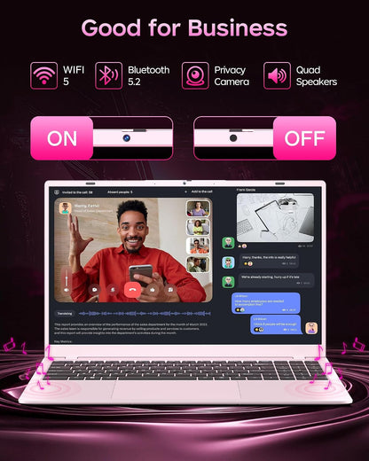 Pink Laptop 15.6 Inch, 12GB RAM 256GB SSD, Pentium 6500Y up to 3.4Ghz, 1080P FHD IPS Screen, USB C, USB 3.2, HDMI, Wifi5, BT5.2, Computer Laptops for Student, Business, Home
