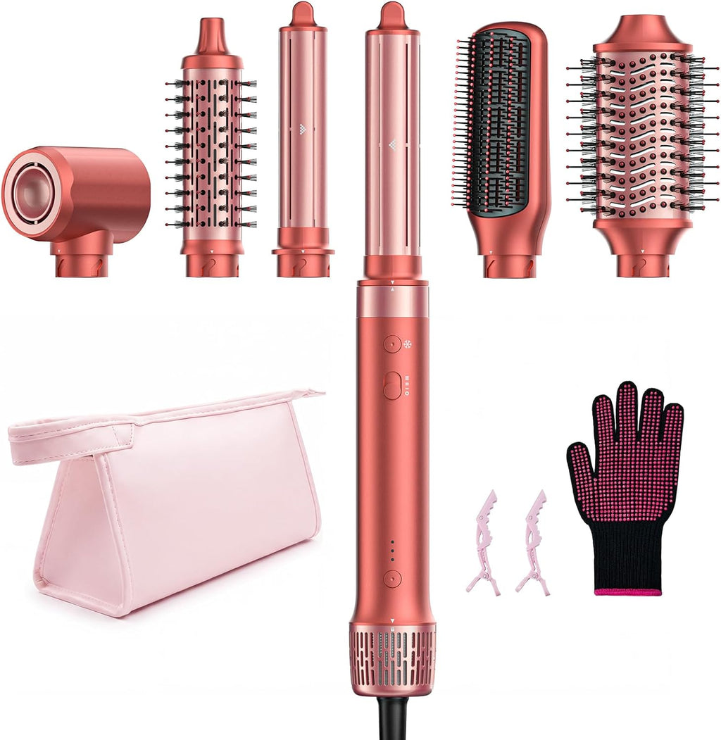 Hot Air Styler & Hair Dryer Brush Kit, 1500W No Heat Damage Frizz-Free Hair Styler for Curl, Wavy, Volumizer, Straighten, Fast Drying, Vermilion