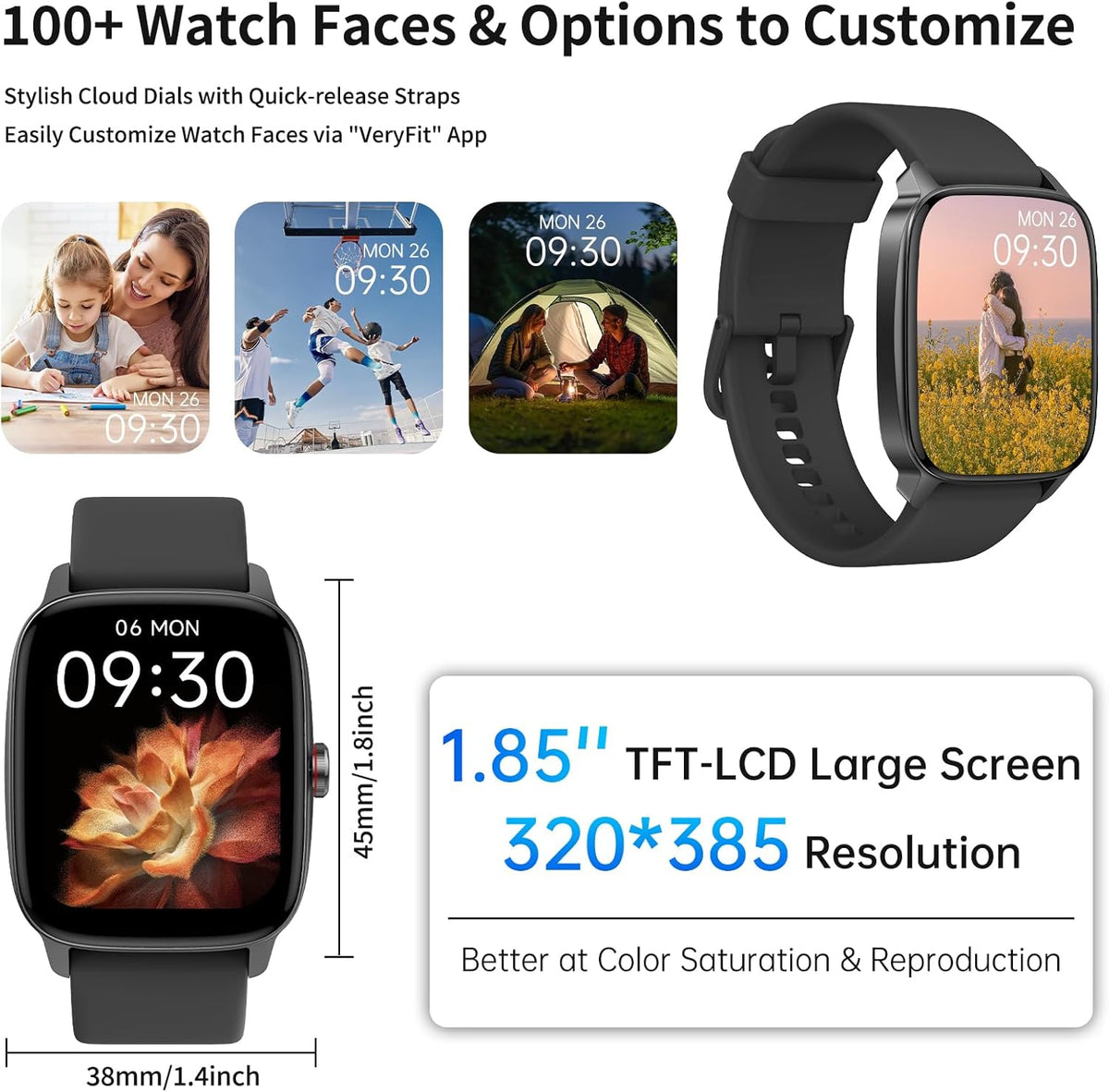 Smart Watches for Men Women, with Bluetooth Calling, 1.85" Screen DIY Dial Smartwatch for Android Iphone. 100+ Sports Modes, Heart Rate Sleep Monitor, AI Built-In Fitness Tracker, IP68 Waterproof
