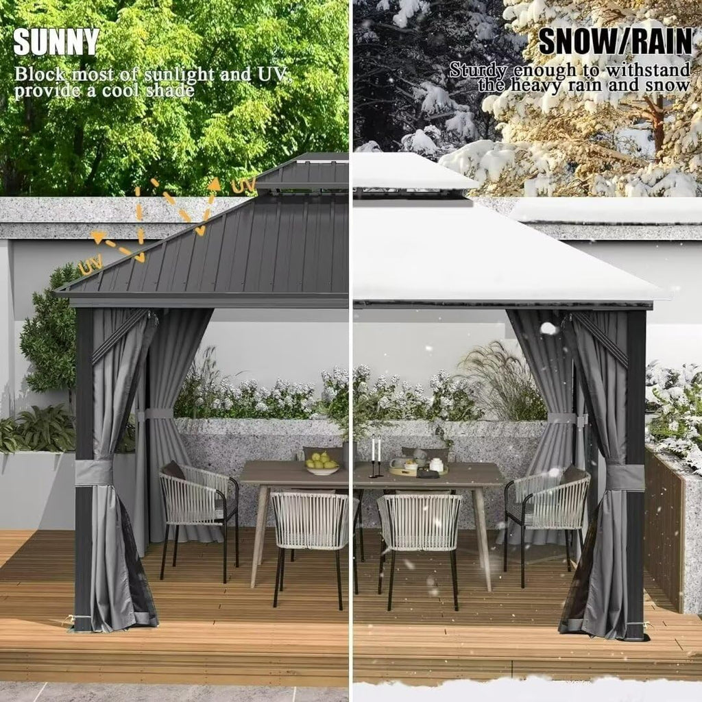 Domi 10' X 12' Hardtop Gazebo Canopy with Netting & Curtains, Outdoor Aluminum Gazebo with Galvanized Steel Double Roof for Patio Lawn and Garden, Gray