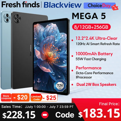 【World Premiere】 MEGA 5 AI Tablet 12.2" 2.4K 120Hz Display 12GB 256GB 10000Mah 55W Charging 4G Android 16 PC Pad ﻿