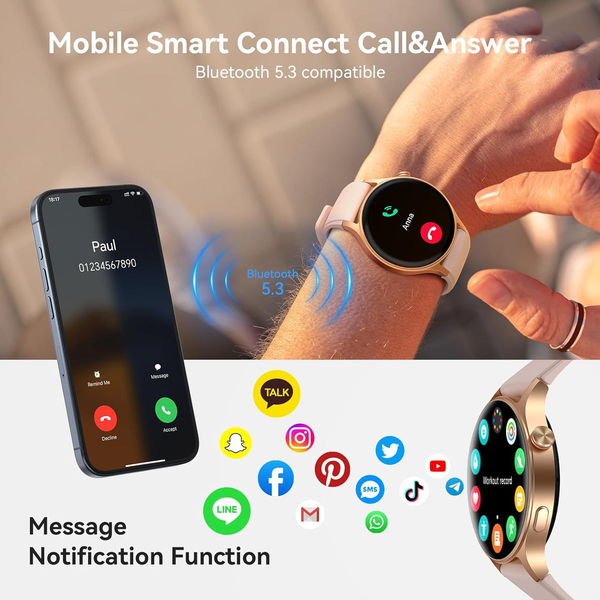 Smart Watch for Women, AMOLED Ultra-Clear Screen Activity Trackers with Heart Rate/Sleep/Spo2 Monitor, Waterproof Fitness Smartwatch for Iphone/Samsung/Android（Pink Gold）