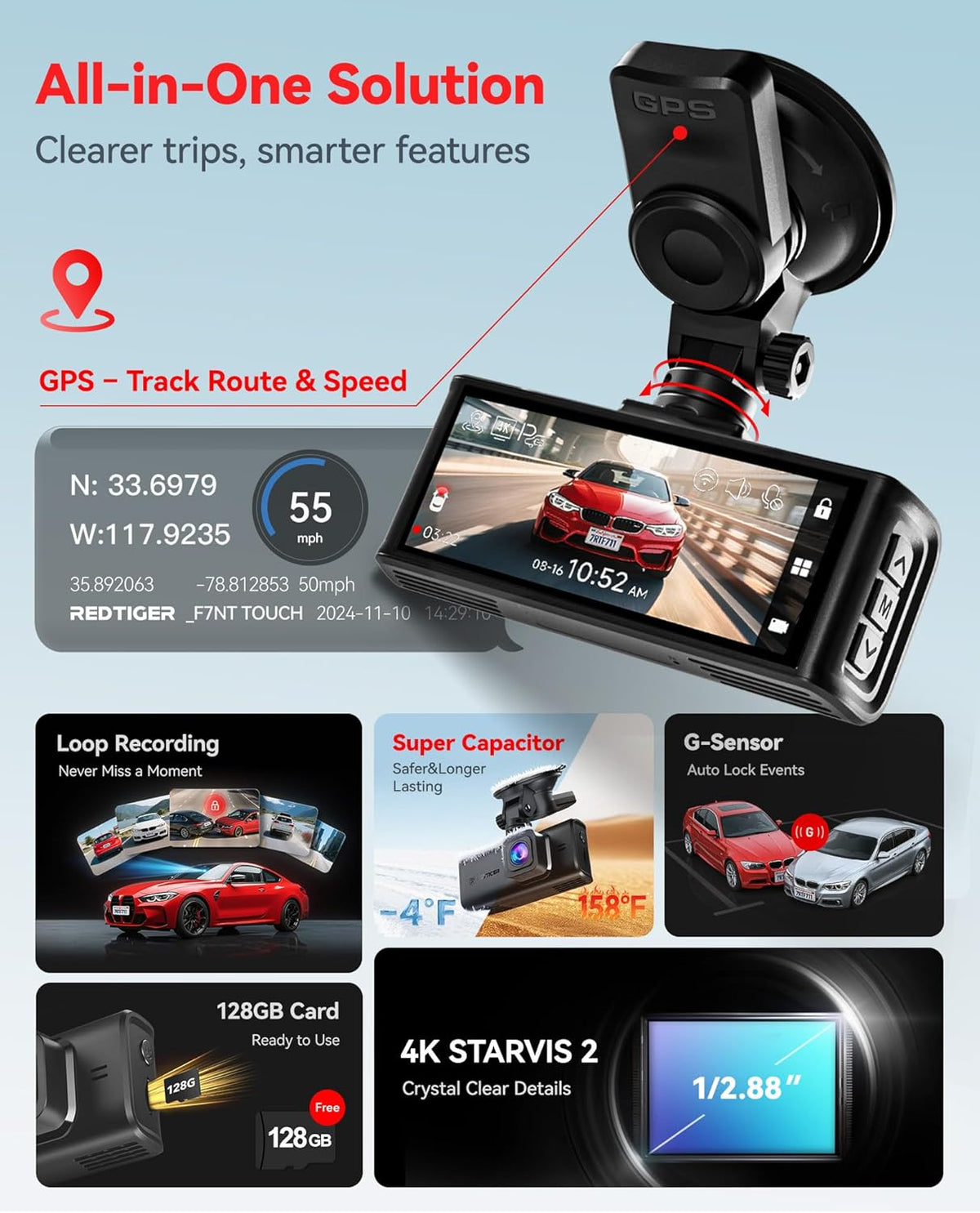 4K Dash Cam Front and Rear, STARVIS 2 Sensor, Touch Screen 3.18", Voice Control, 20Mb/S 5.8Ghz Wifi 6 Car Dashcam with 128GB Card, GPS, Night Vision, Emergency Lock, Parking Mode(F7N Touch)