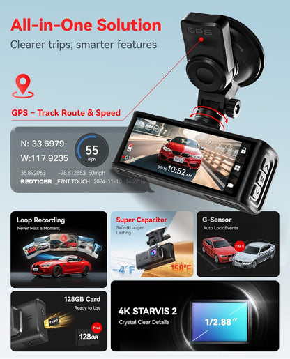 4K Dash Cam Front and Rear, STARVIS 2 Sensor, Touch Screen 3.18", Voice Control, 20Mb/S 5.8Ghz Wifi 6 Car Dashcam with 128GB Card, GPS, Night Vision, Emergency Lock, Parking Mode(F7N Touch)