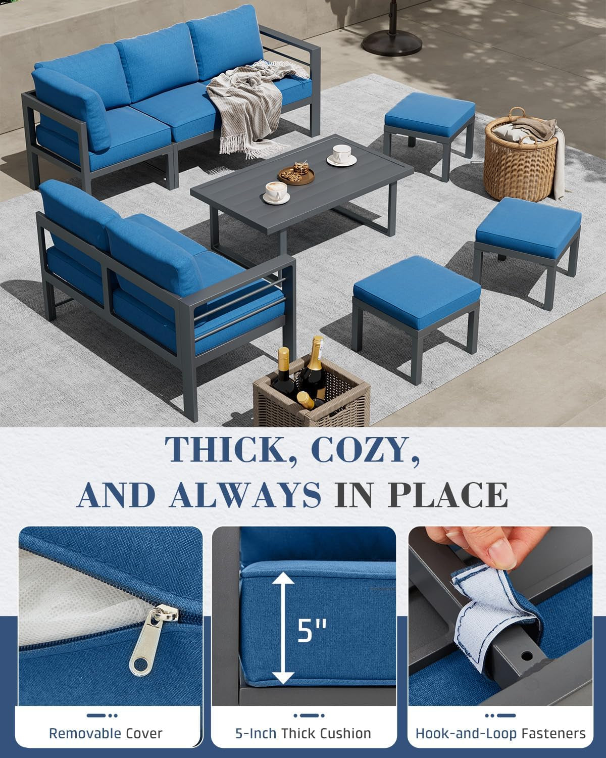 Aluminum Patio Furniture Set, Modern Outdoor Conversation Table and Chair Sets with Blue Cushions for Lawn, Backyard, and Deck
