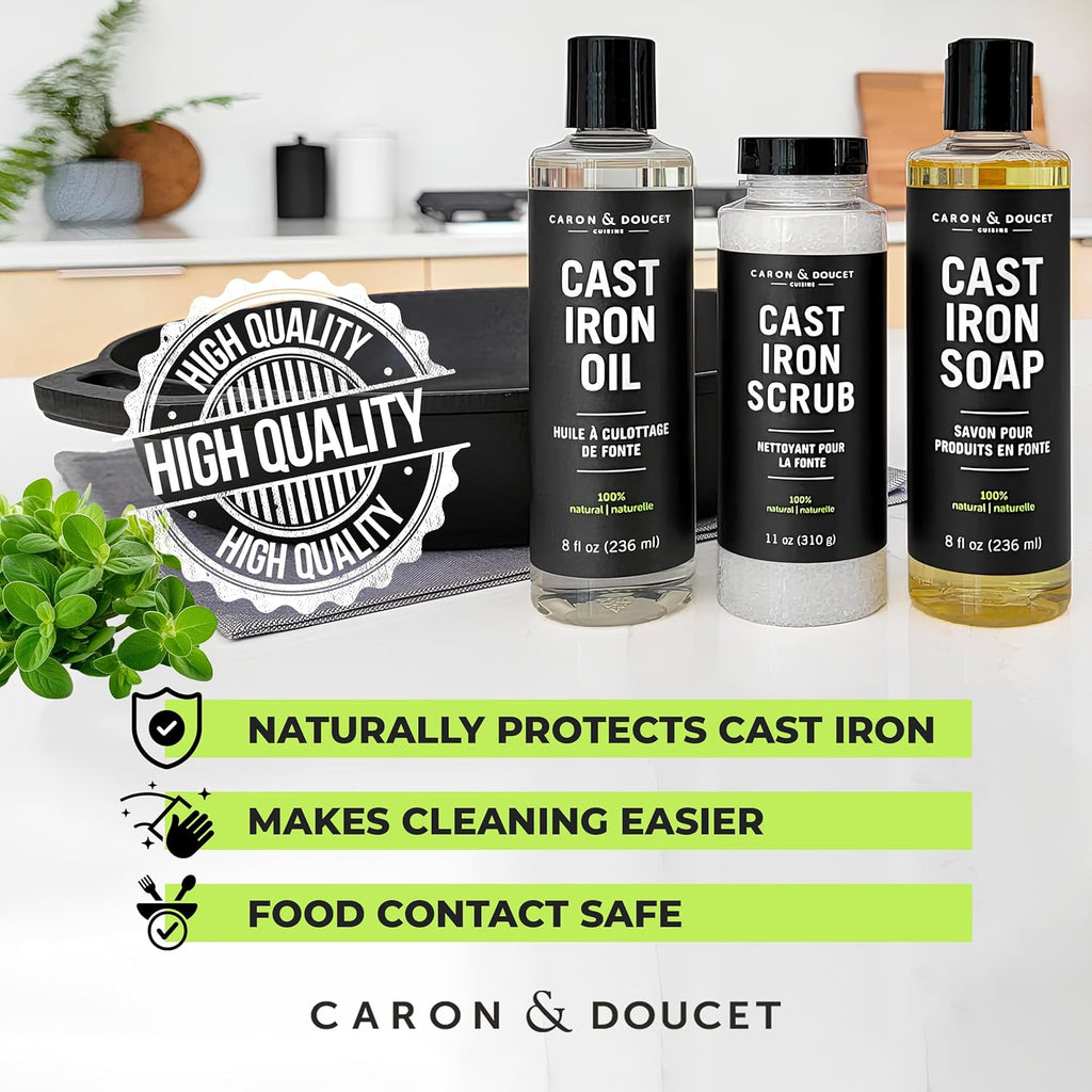 -Ultimate Cast Iron Care Set Seasoning Oil,Cleaning Soap & Restoring Scrub | 100% Plant-Based & Best for Cleaning,Washing,Restoring & Seasoning Cast Iron Skillets,Pans,Grills and More!