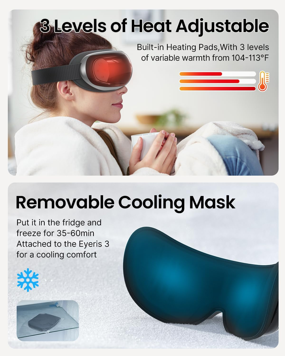 Eye Mask with Heat &amp; Cooling Pad,Voice Control Eyeris 3 Electric Eye Care Device with Bluetooth Music, Preset Commands for Eye Relaxation, Birthday Gift for Women Men Him Her