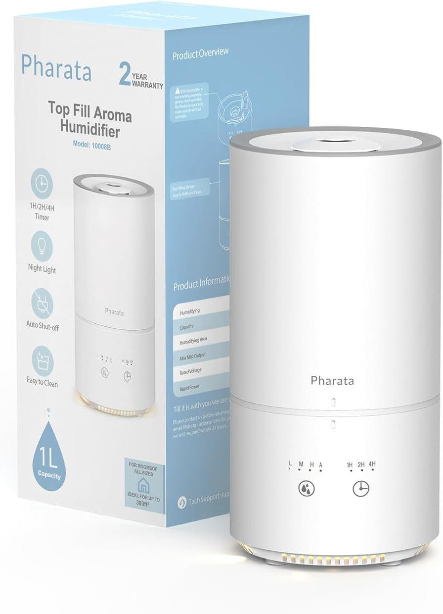 Humidifiers for Bedroom Baby Room, 1000Ml Small Cool Mist Top Fill Air Humidifiers for Nursery & Plants, Ultra Quiet Essential Oil Diffuser with Warm Yellow Night Light, (White)