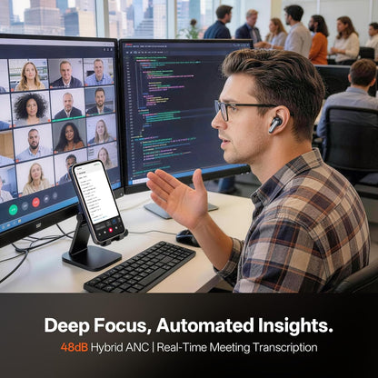 Recdot AI Voice Recorder Earbuds, AI Note Taker for Meetings &amp; Calls | Real-Time Transcription &amp; Translation across 78 Languages, 48 Db Hybrid ANC, AI Powered Summaries with Advanced LLM Models