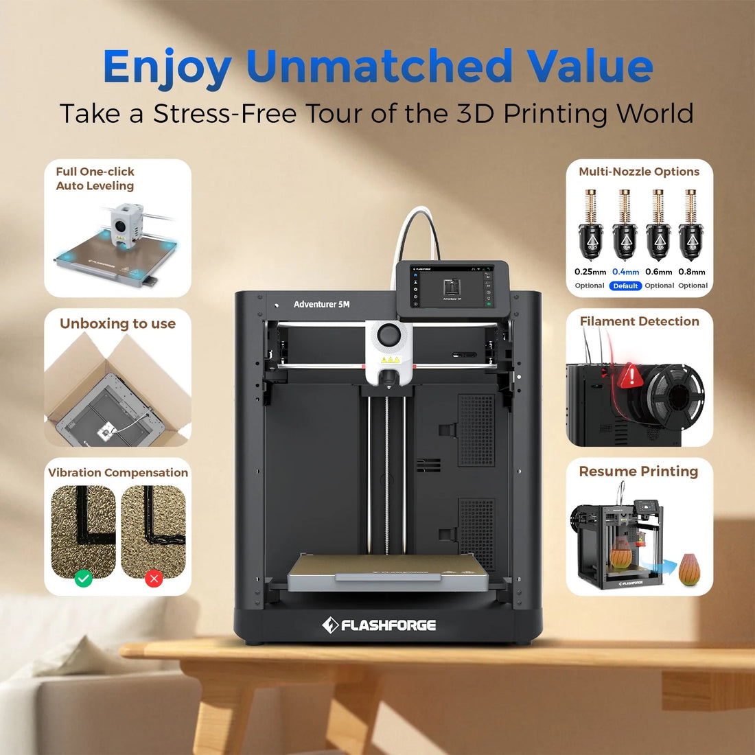 Adventurer 5M 3D Printer, Fully Auto Leveling &amp; 600Mm/S High Speed Printing, Black