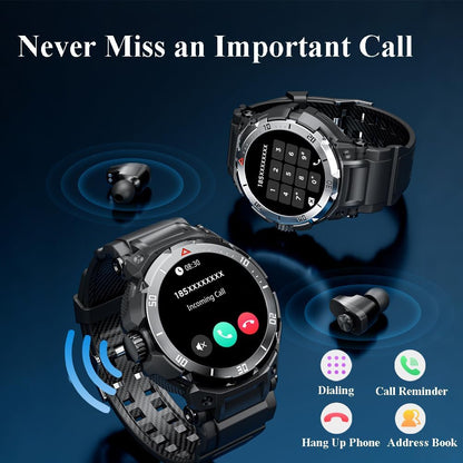 2 in 1 Smart Watch with Earbuds, Bluetooth Smart Watch, 1.46" HD IPS Screen Smartwatch for Men, Rugged Military Fitness Tracker, IP67 Waterproof, AI Voice Assistant