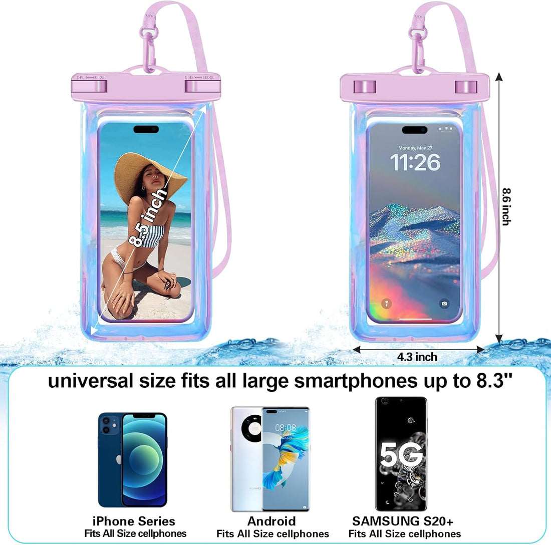 2 Pack Iridescence Waterproof Phone Pouch, Cell Phone Waterproof Case Dry Bag,Protection Level: Ip68,Beach Cruise for Iphone,Samsung,And More,Lanyard Included,(Fits up to 8.3"),Iridescence