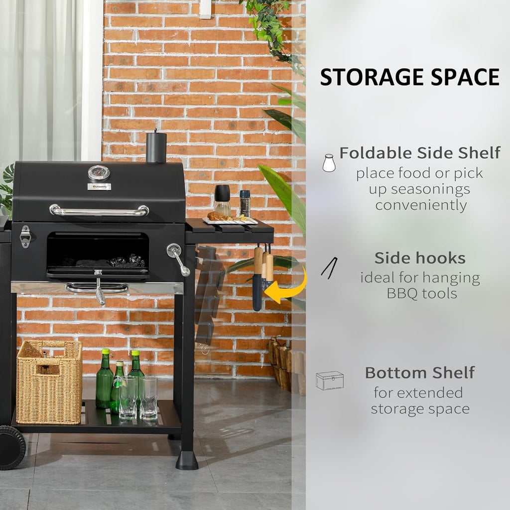 Charcoal BBQ Grill Trolley with Adjustable Charcoal Pan, Barbecue Grill Smoker with Storage Shelves, Lid, Thermometer, Bottle Opener and Wheels, Galvanised Steel