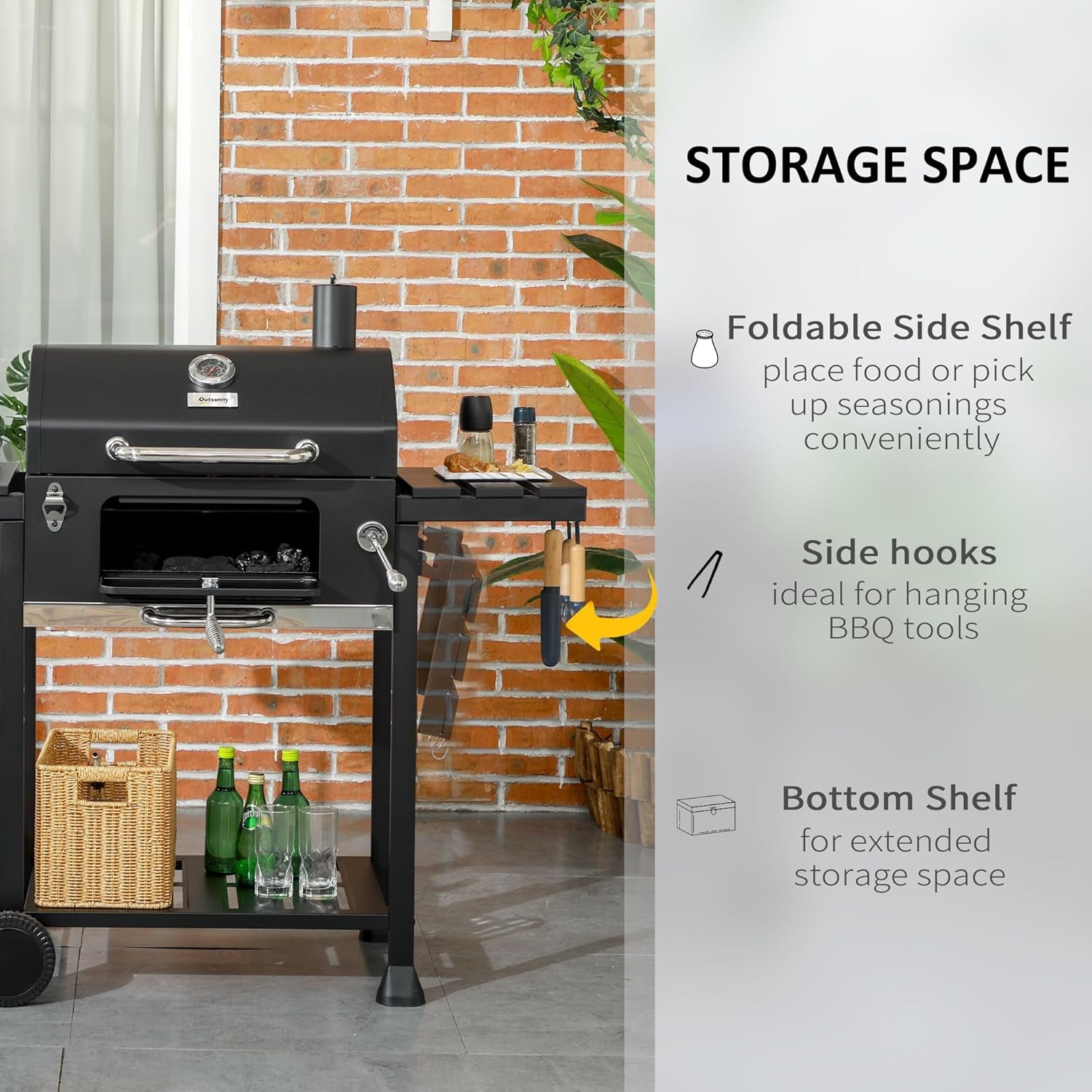 Charcoal BBQ Grill Trolley with Adjustable Charcoal Pan, Barbecue Grill Smoker with Storage Shelves, Lid, Thermometer, Bottle Opener and Wheels, Galvanised Steel